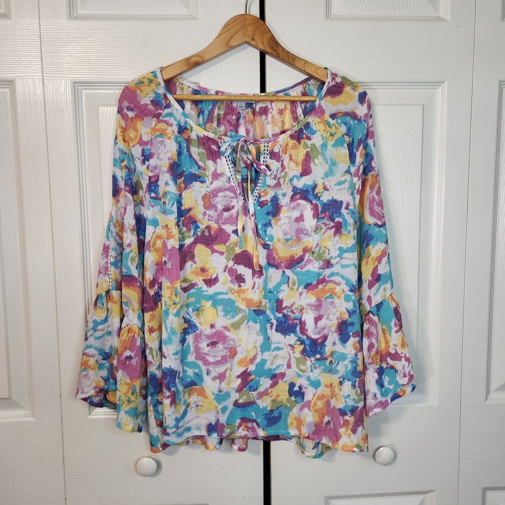 Floral & Ivy Womens Large Multicolor‎ Floral Bell Sleeve Tie Neck Blouse Cottage